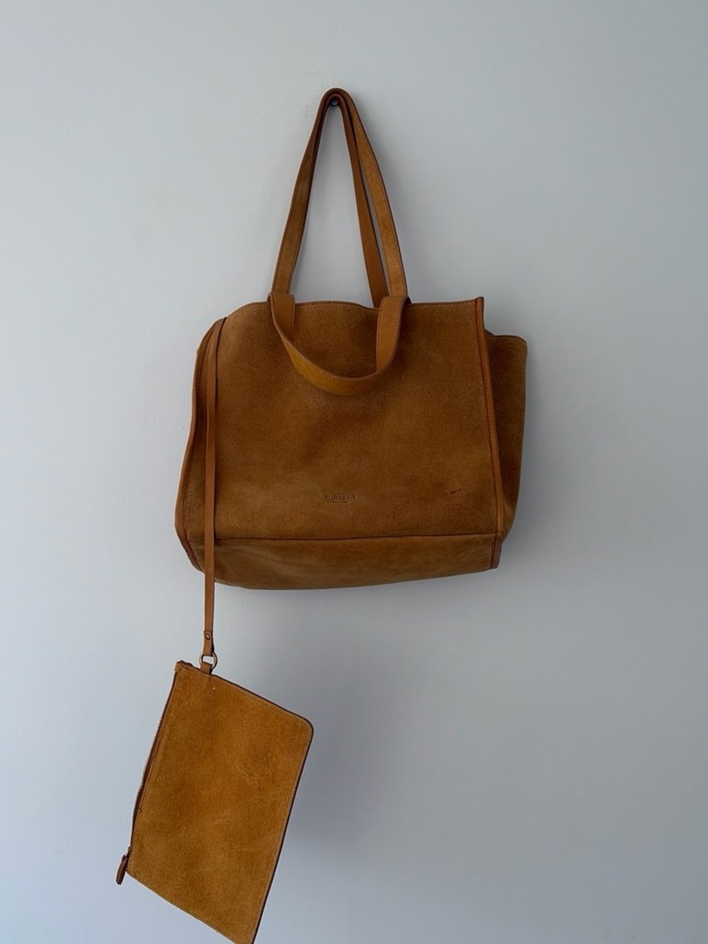 Suede Tote Satchel in Camel Brown with Wrist Pouch